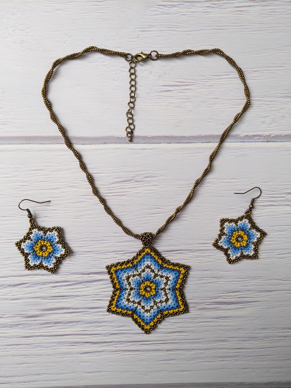 Beaded Star Pendant Necklace with Matching Earrings - Blue & Yellow